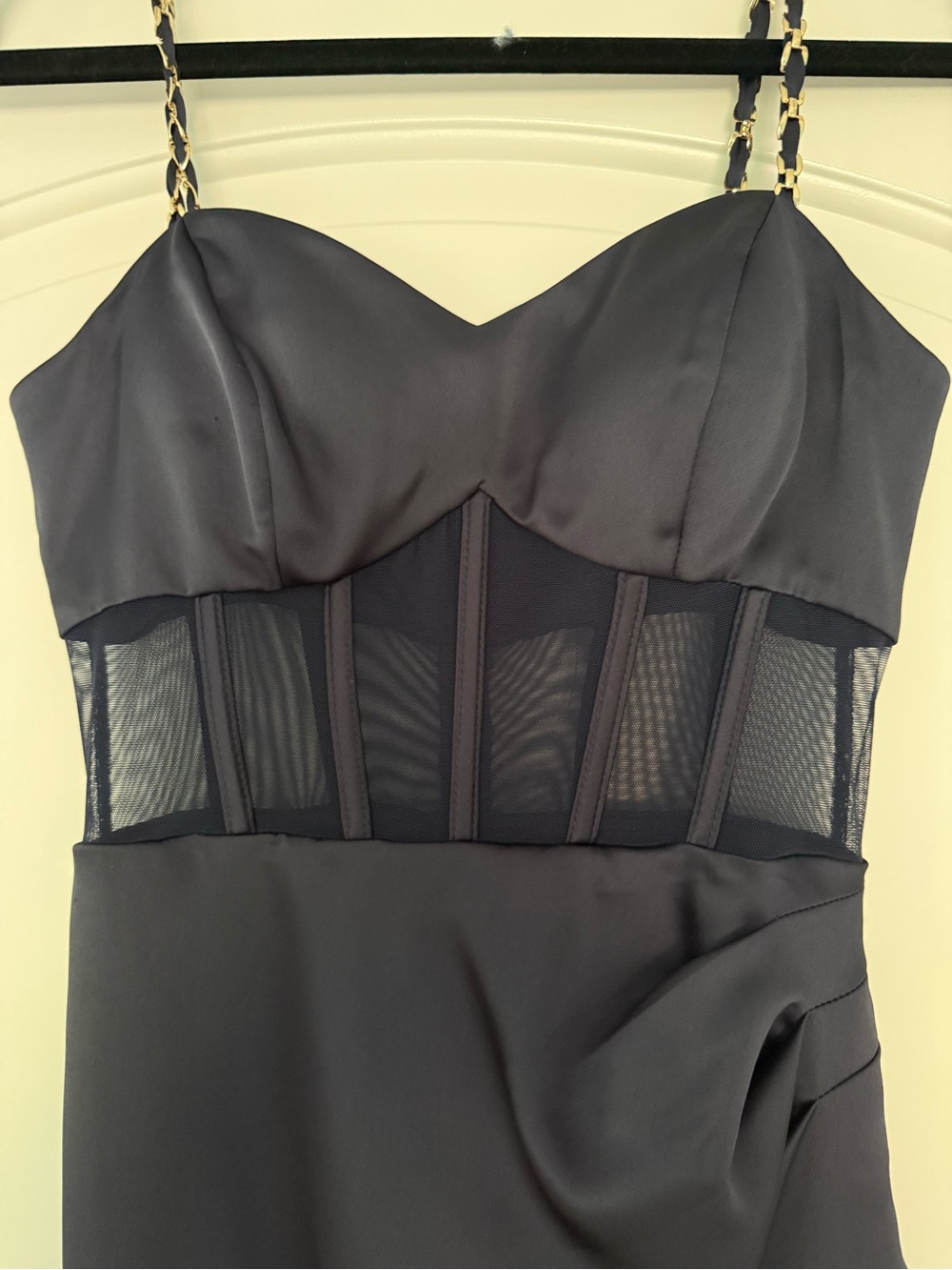Aqua Midnight Navy Satin Bustier Maxi Dress with Sheer Waist - Picture 4 of 10